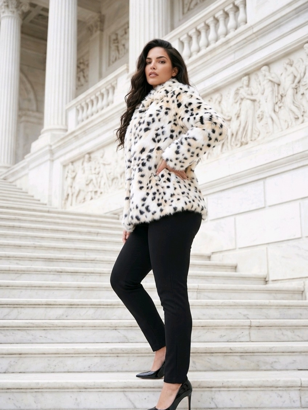 Faux Fur Leopard-Spot Coat in Cream and Black
